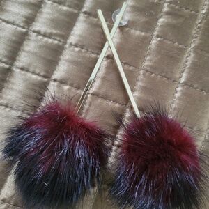 Genuine Burgundy/Black Ombre Mink Pom Pom Ball Dangle Earrings